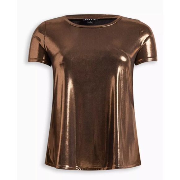 Torrid Liquid Shine Crew Neck Top Copper Bronze Plue Size 2 2X 18/20 Metallic - Picture 3 of 9